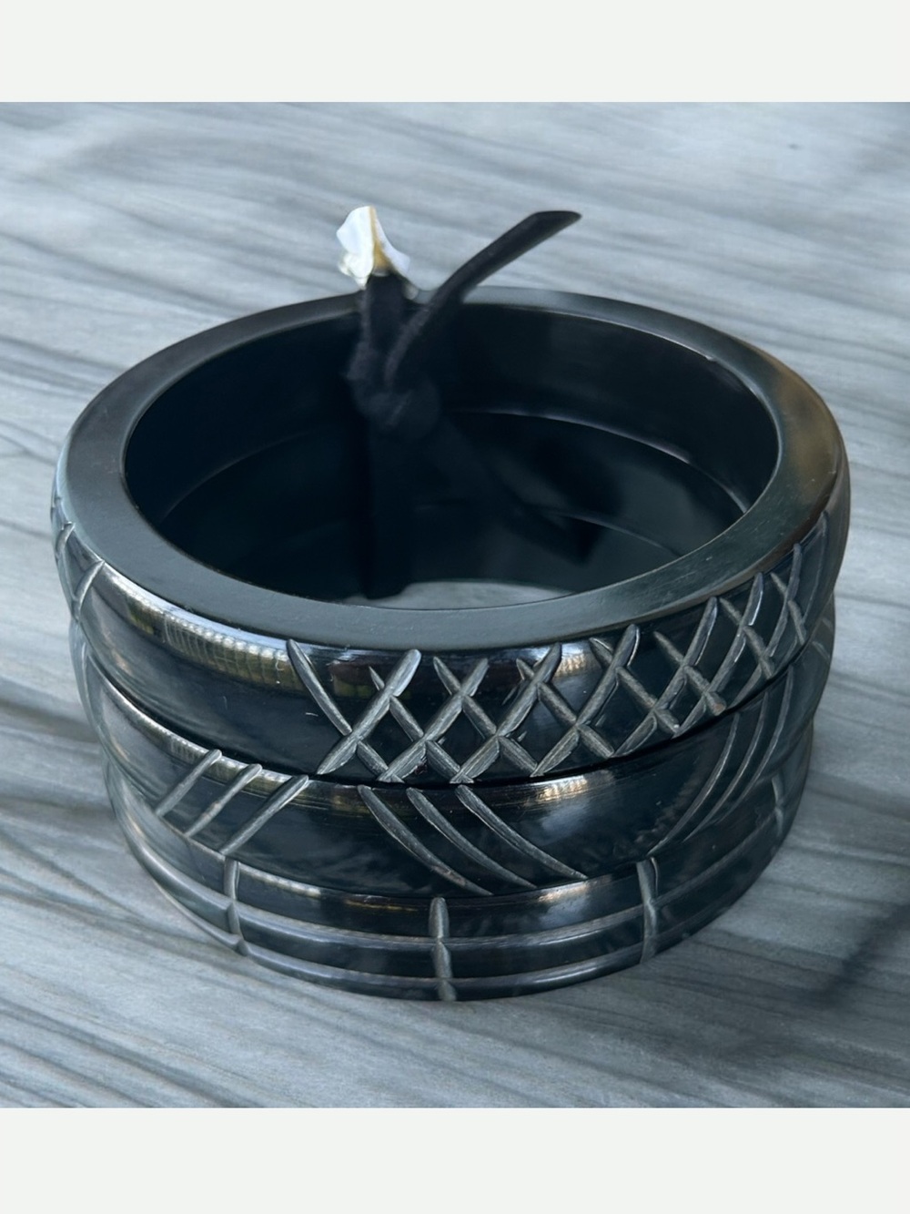 Vintage R.J Graziano Deadstock Black Carved “Fakelite” Bangle Bracelet Stack